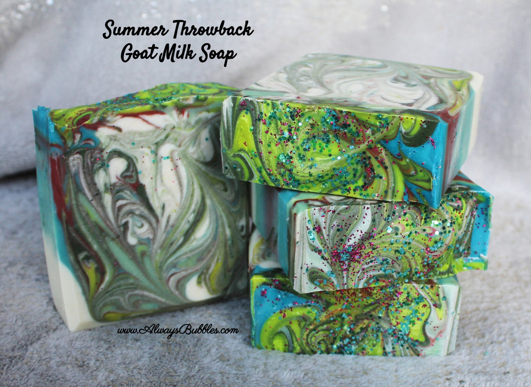 Summer Throwback Goat Milk Soap by Always Bubbles – handcrafted tropical swirl bar with citrus and coconut scent, topped with eco-friendly glitter.