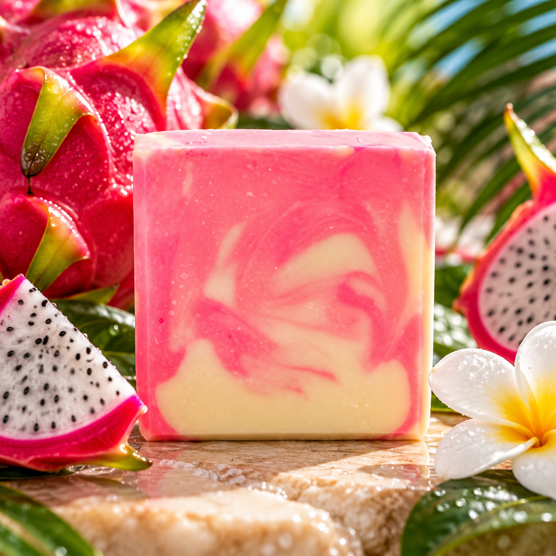 Dragonfruit Splash handmade goat milk soap by Always Bubbles, featuring vibrant pink and creamy ivory swirls, displayed with fresh dragon fruit, tropical greenery, and white plumeria flowers.