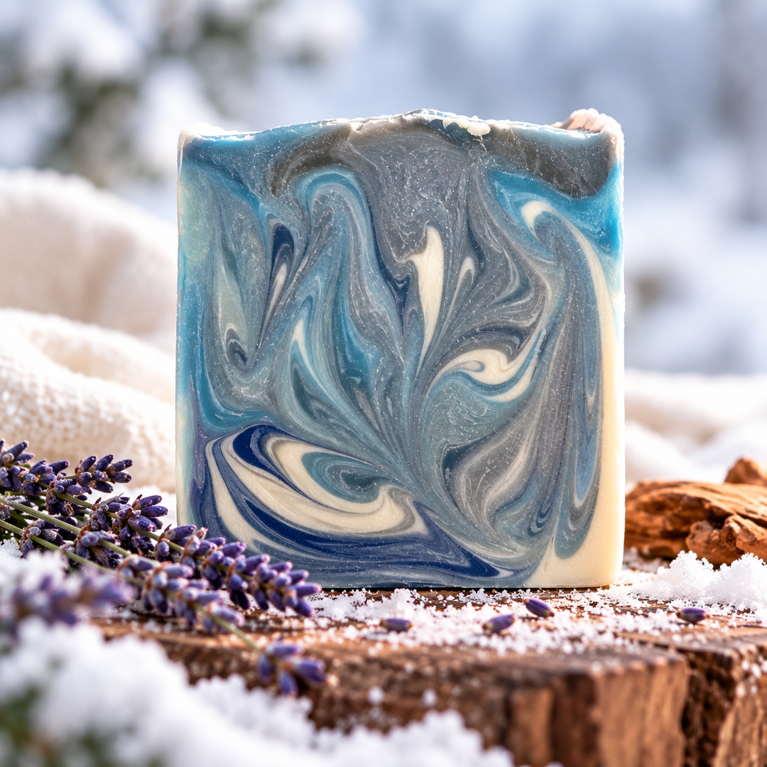 Fresh Snow handmade goat milk soap by Always Bubbles, featuring icy blue, slate gray, and creamy white swirls, displayed on a snow-dusted wooden surface with lavender and a soft winter background.