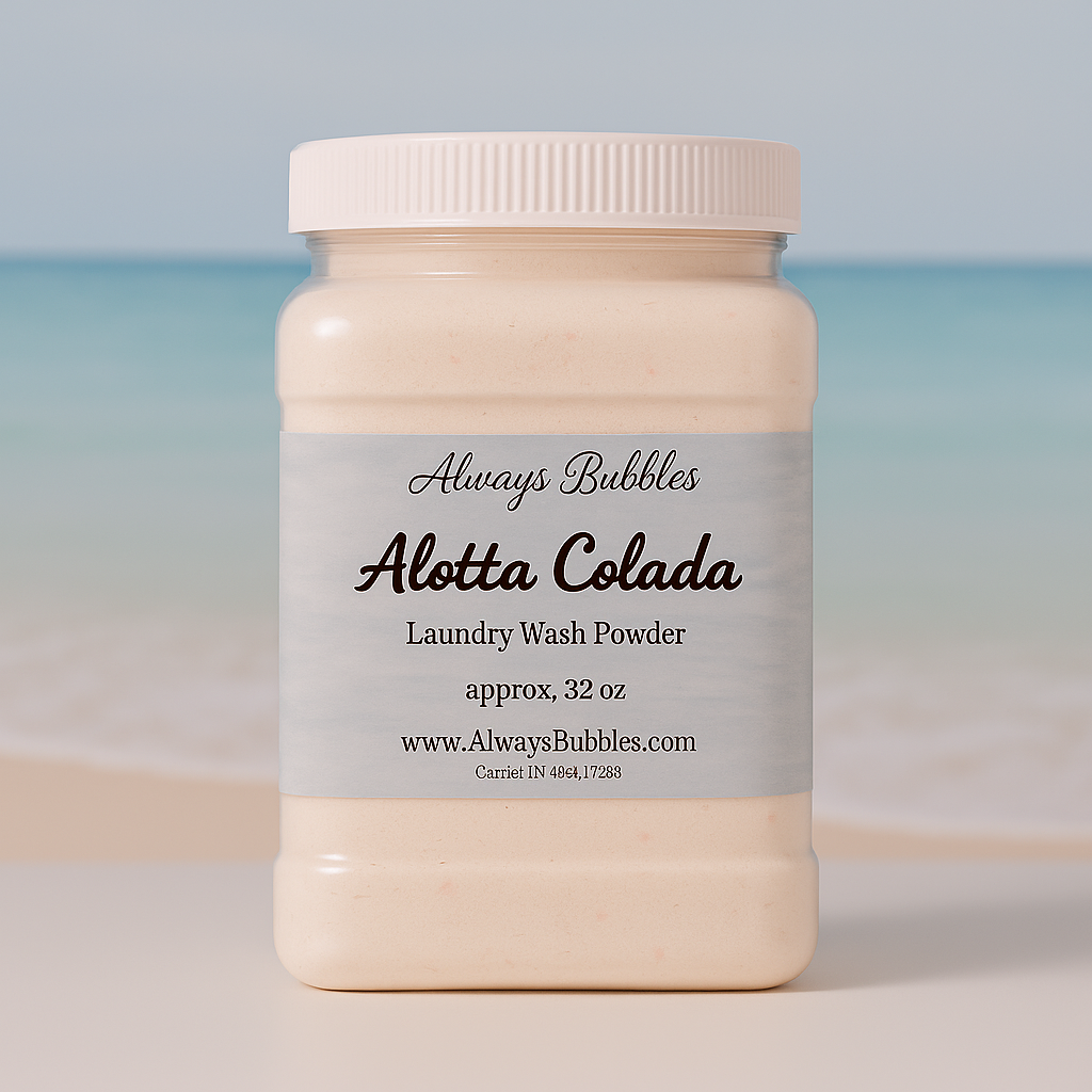 Always Bubbles Alotta Colada Laundry Wash Powder in a 32 oz jar, displayed against a soft beach background with ocean blue and sandy tones, evoking a tropical pineapple and coconut scent.