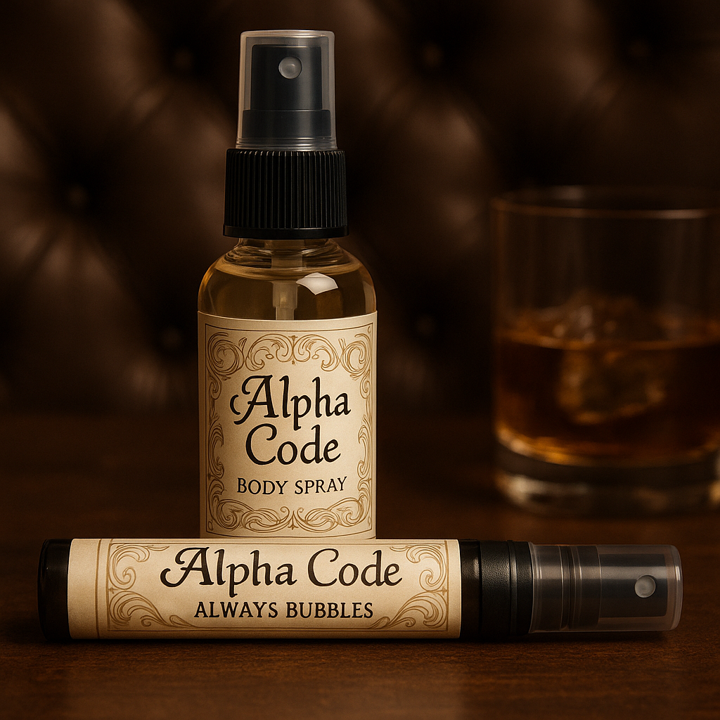 Alpha Code Body Spray by Always Bubbles with whiskey lounge masculine background