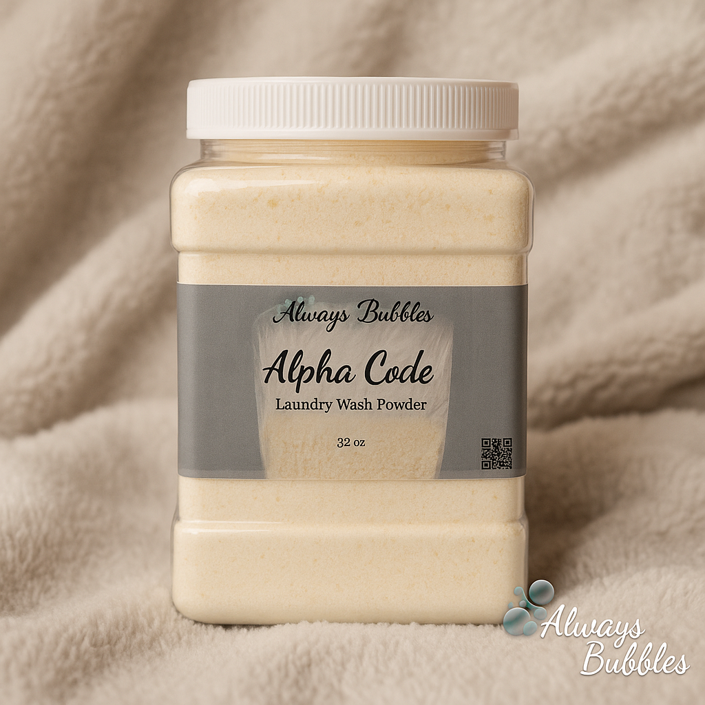Always Bubbles Alpha Code Laundry Wash Powder – 32 oz jar on a sleek dark gray background with the Always Bubbles logo. A masculine, cedarwood and amber-scented laundry powder with natural oxy booster for deep clean freshness