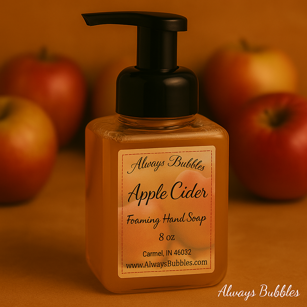 Always Bubbles Apple Cider Foaming Hand Soap in square bottle with warm apple background and caramel-colored soap