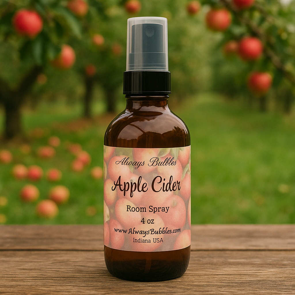 Always Bubbles Apple Cider Room Spray – cozy fall home fragrance with warm apple, cinnamon, and vanilla notes in an amber glass bottle surrounded by pumpkins and autumn leaves.