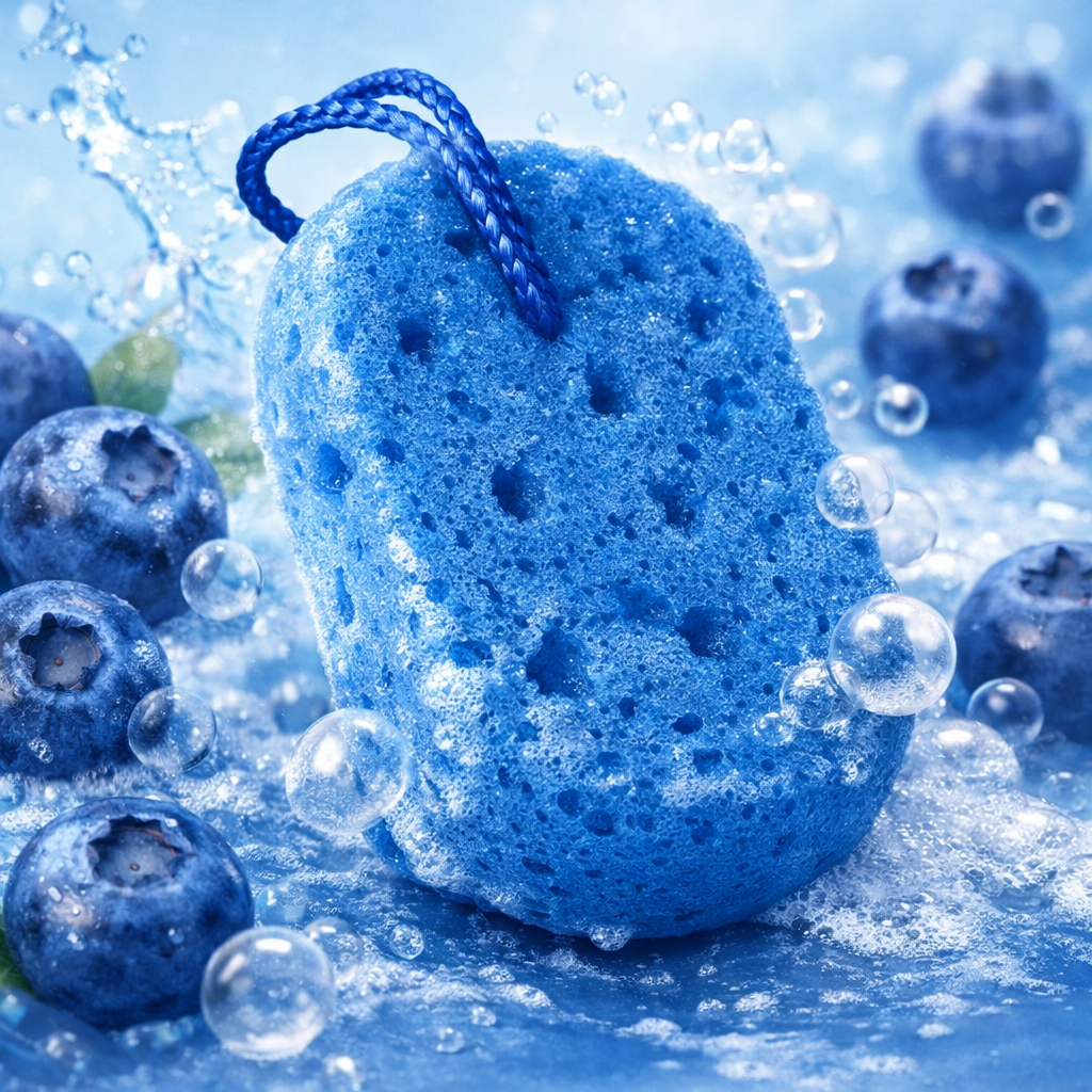 Blueberry scented soap infused exfoliating bath sponge by Always Bubbles creating rich lather for a refreshing spa shower