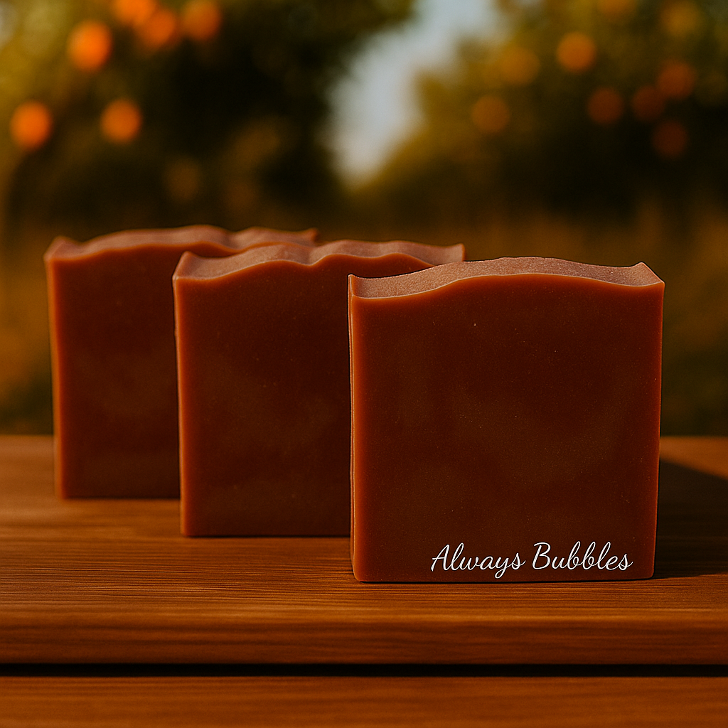 Three handcrafted Citrus Passion goat milk soap bars by Always Bubbles displayed outdoors with citrus-inspired background.