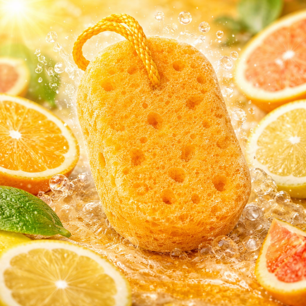Citrus and Sun Rays scented soap infused bath sponge by Always Bubbles designed to exfoliate skin while creating refreshing citrus lather
