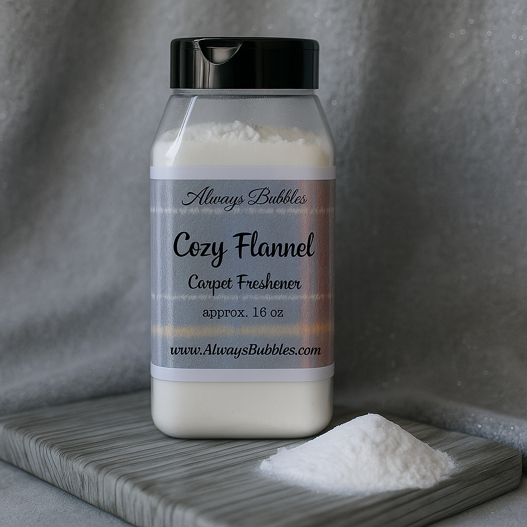 Always Bubbles Cozy Flannel Carpet Freshener in a 16 oz shaker bottle, displayed on a soft flannel-inspired background with a small mound of freshener powder