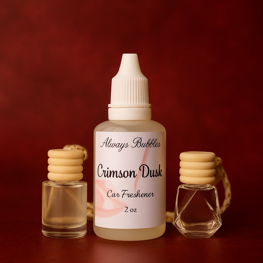 Always Bubbles Crimson Dusk 2 oz Car Freshener with two glass diffusers on a deep red background, evoking pomegranate, wine, and cashmere musk tones.