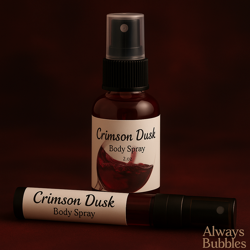 Crimson Dusk Body Spray by Always Bubbles with dark pomegranate and cashmere musk accents