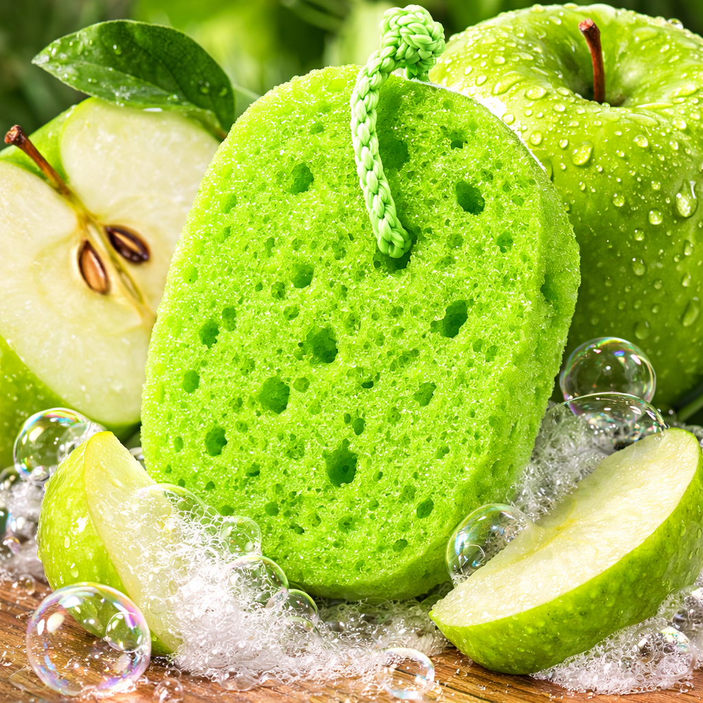 Crisp Apple scented soap infused bath sponge by Always Bubbles for exfoliating skin and creating rich bubbly lather in the shower