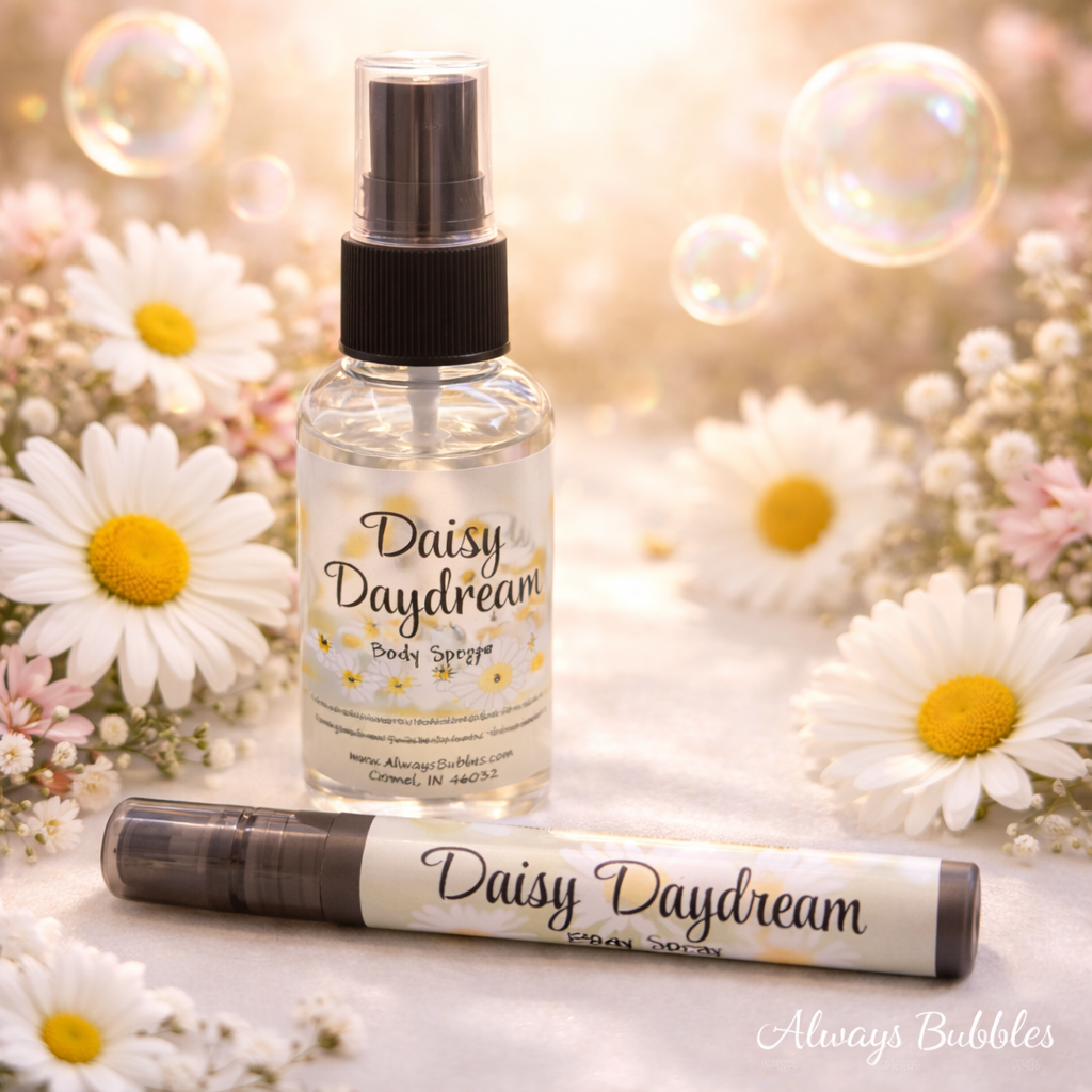 Always Bubbles Daisy Daydream body spray 2 oz floral fragrance mist with fresh daisy scent, travel spray pen, handmade women-owned skincare brand in Carmel Indiana