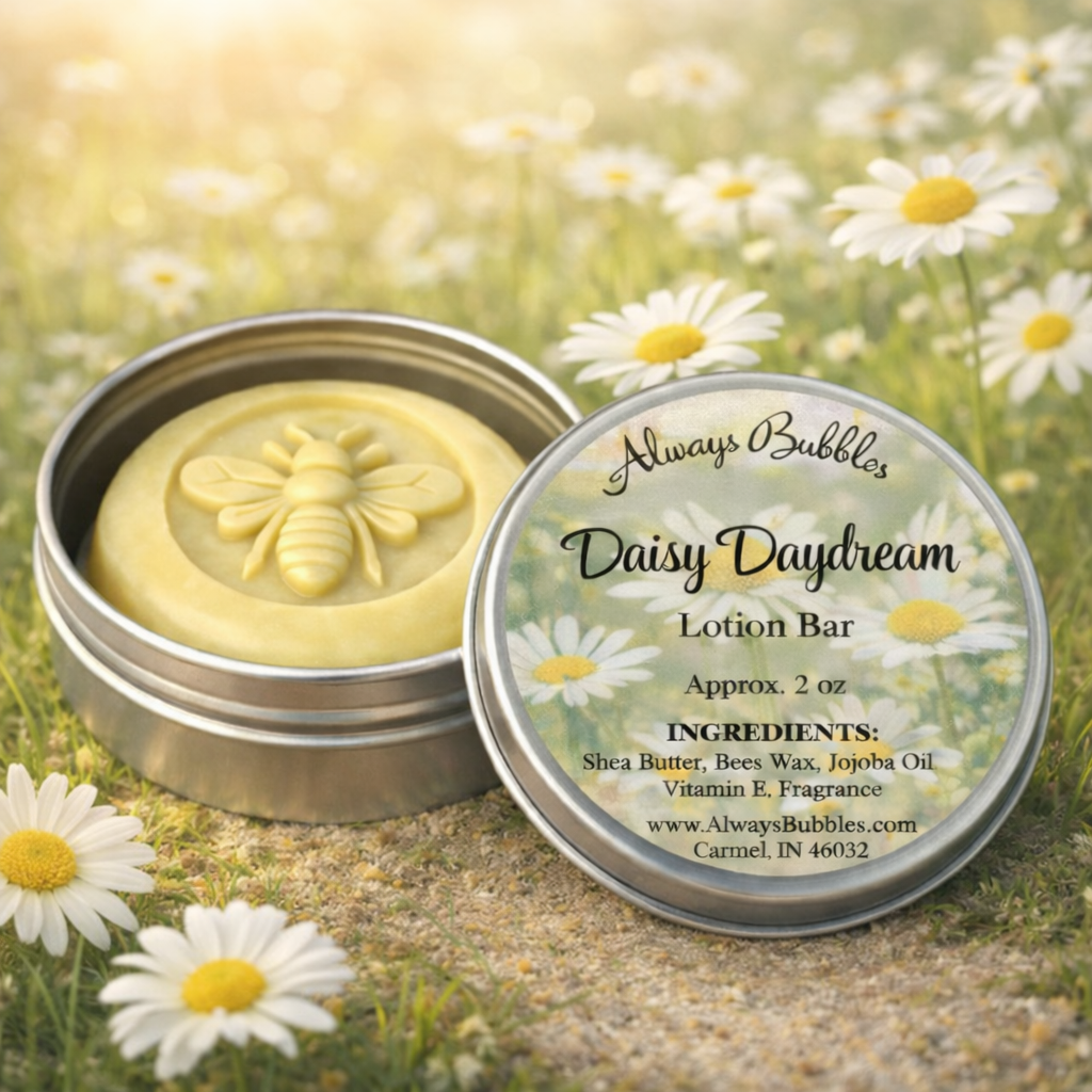 Natural shea butter Daisy Daydream lotion bar by Always Bubbles in metal tin with bee design in soft spring meadow