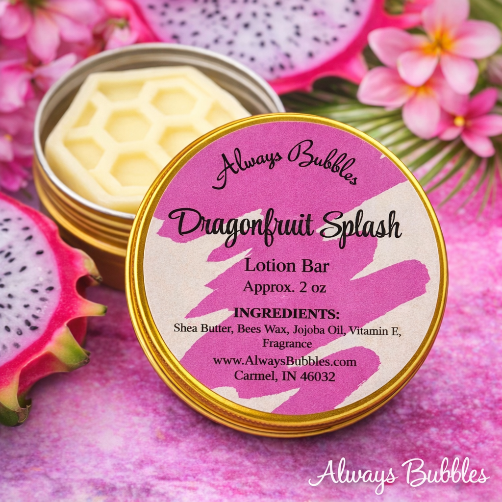 Always Bubbles Dragonfruit Splash lotion bar in gold tin with tropical pink dragonfruit background, handmade solid lotion bar with shea butter and jojoba oil
