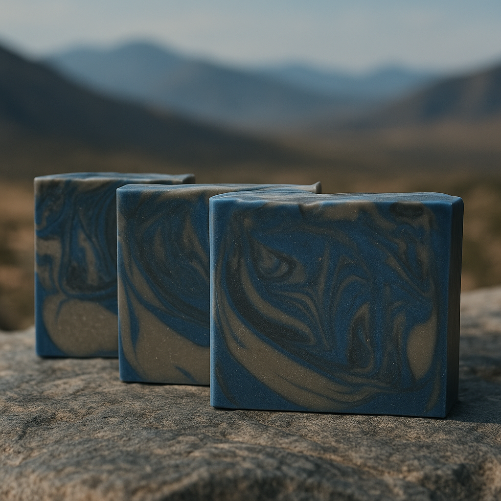 Three handcrafted Earthy Aura goat milk soap bars by Always Bubbles, featuring deep blue and taupe swirls with a natural stone-textured background.