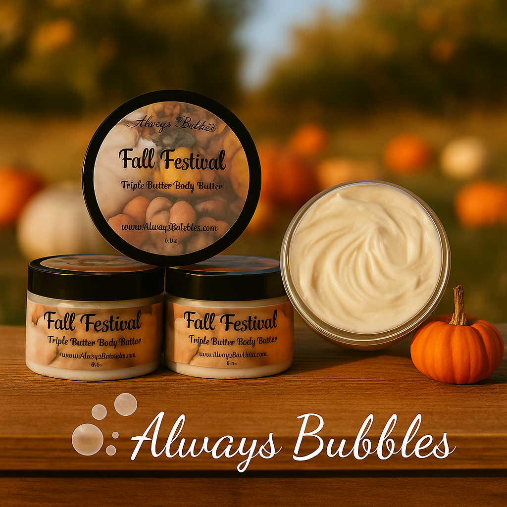 Always Bubbles Fall Festival Triple Butter Body Butter in a jar shown with autumn pumpkins and warm fall décor in the background.