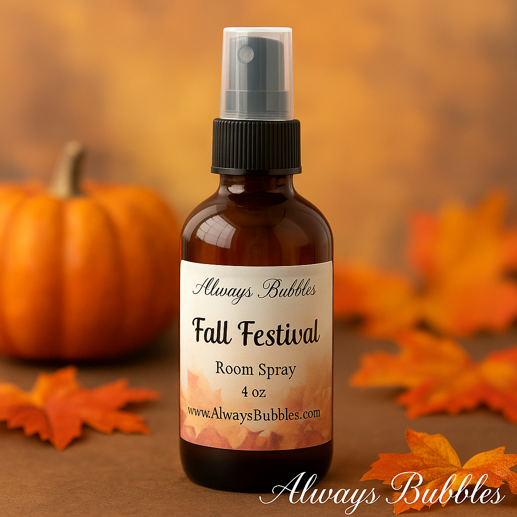 Always Bubbles Fall Festival Room Spray – warm autumn home fragrance with pumpkin, apple, and cinnamon notes in an amber glass bottle surrounded by fall leaves.