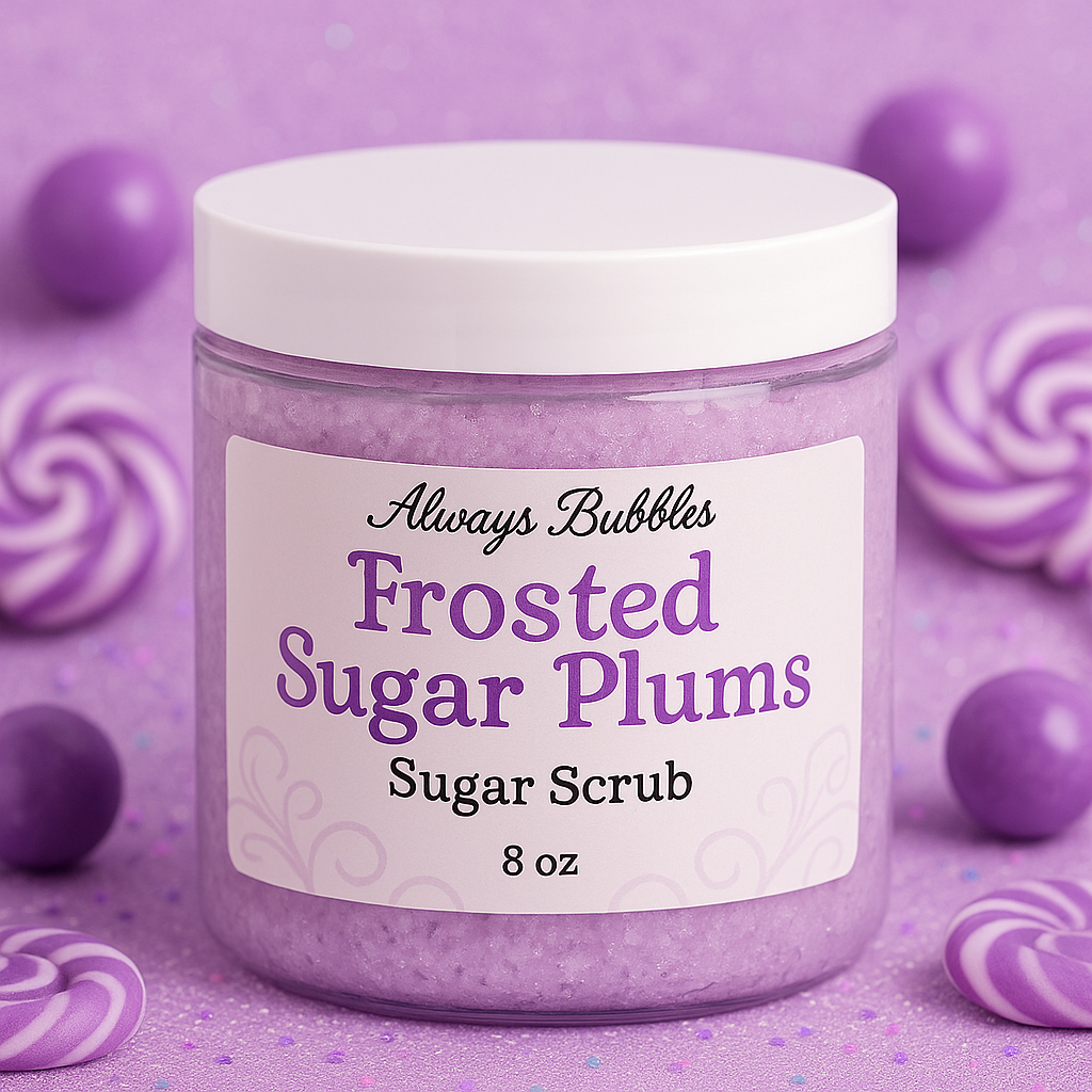 Always Bubbles Frosted Sugar Plums Sugar Scrub in a clear jar showing light purple scrub with a candy-pink background