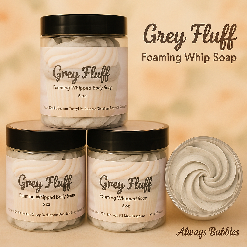 Grey Fluff Foaming Whip Soap by Always Bubbles, displayed in soft pastel background with swirled whipped soap and elegant branding