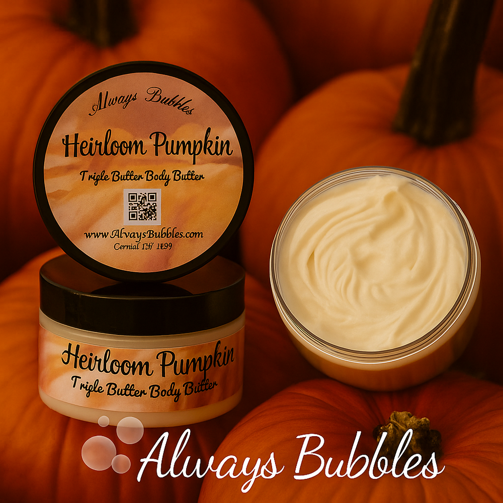 Always Bubbles Heirloom Pumpkin Triple Butter Body Butter shown in a warm pumpkin-themed setting with an open jar displaying the whipped, creamy texture.