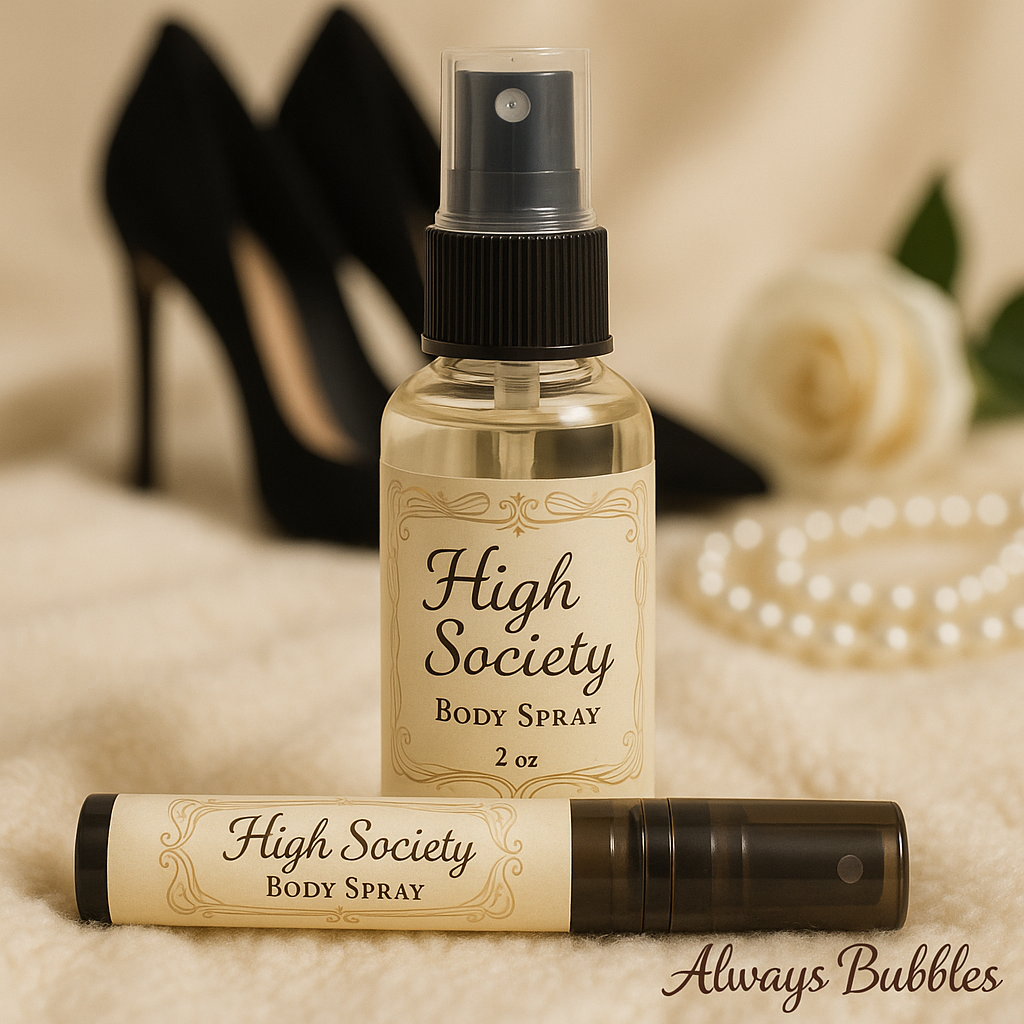 High Society Body Spray by Always Bubbles with heels, pearls, and white rose in elegant background