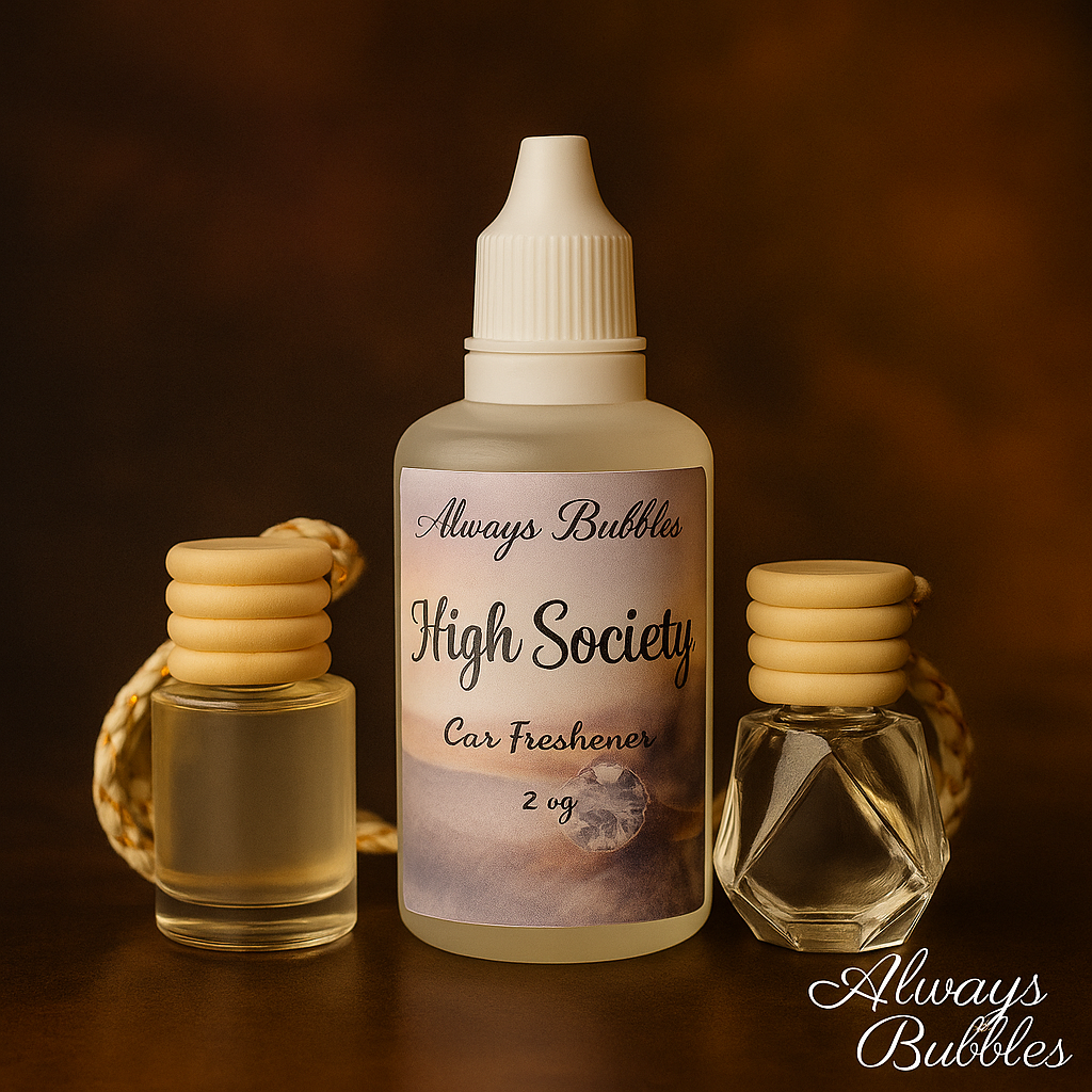 Always Bubbles High Society 2 oz car freshener with two diffuser bottles on a warm amber background; original High Society label visible, logo bottom-right.