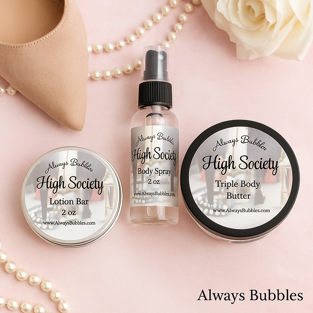 Always Bubbles High Society gift set with lotion bar, body spray, and triple body butter on blush background