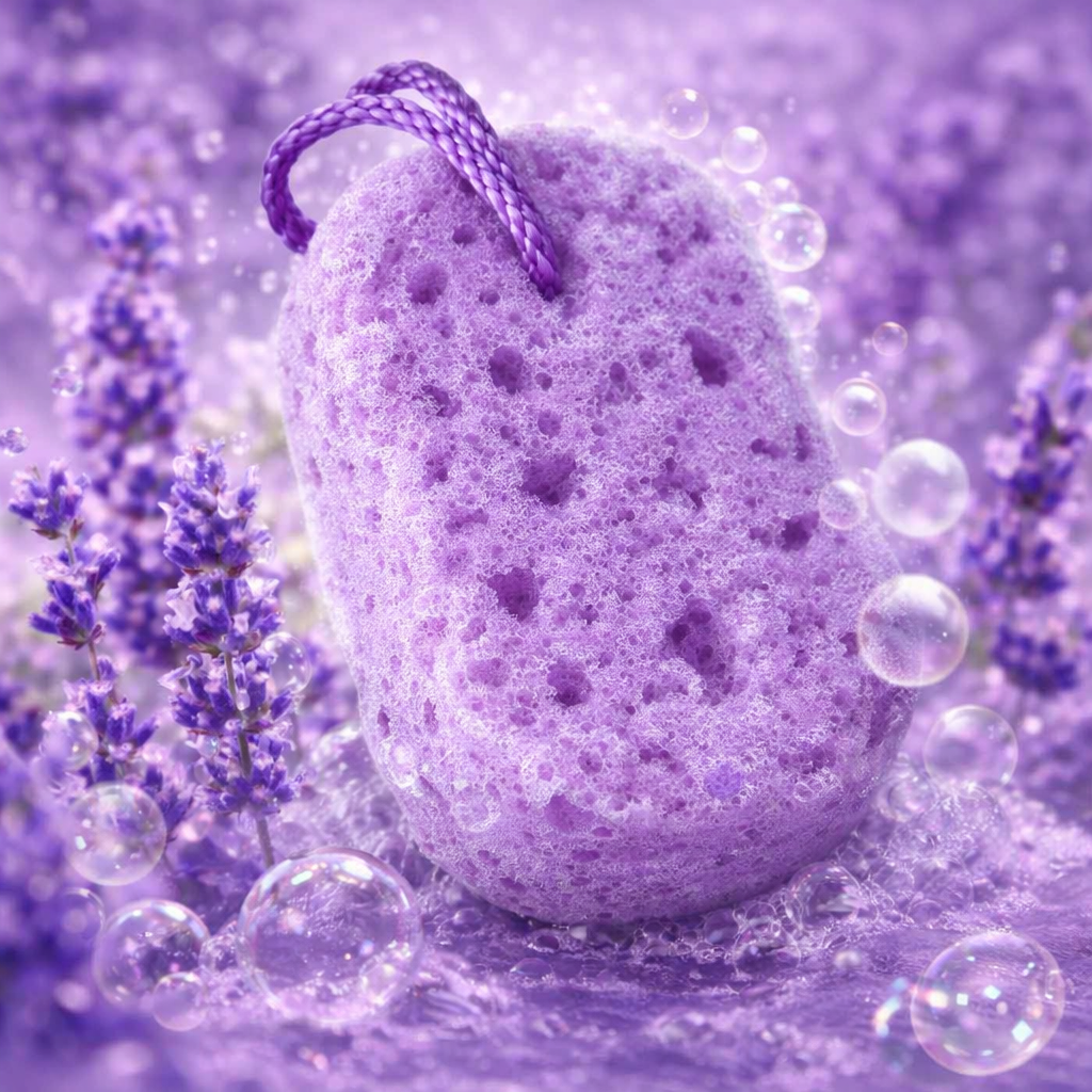 Lavender Calm scented soap infused bath sponge by Always Bubbles designed to exfoliate skin while creating rich relaxing lavender lather
