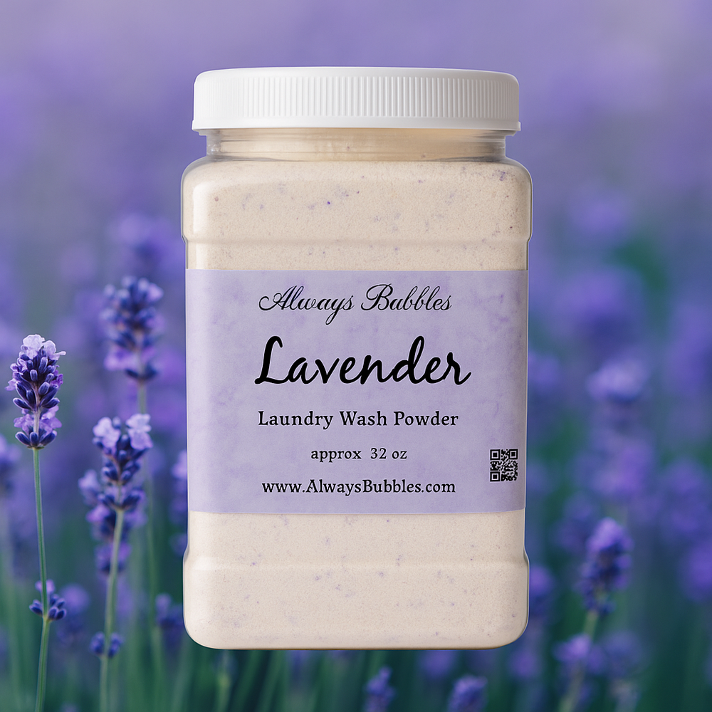 Always Bubbles Lavender Laundry Wash Powder in a 32 oz jar, displayed with a lavender field background