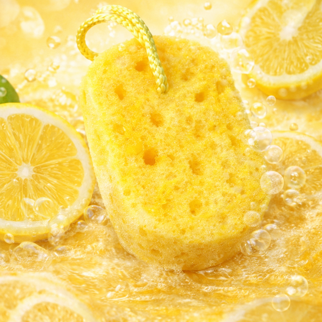 Lemon Pucker soap infused bath sponge by Always Bubbles for exfoliating skin and creating rich citrus scented lather