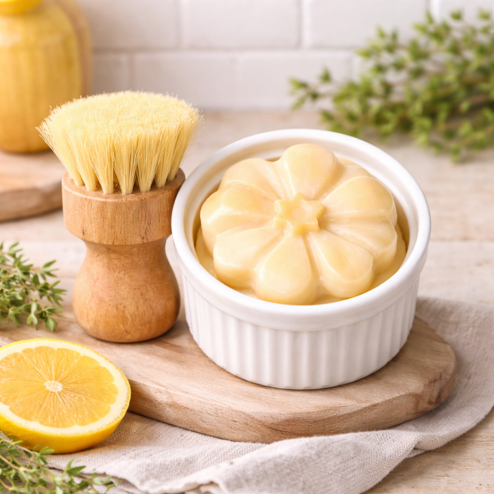 Always Bubbles Lemongrass Solid Dish Soap Set in white ceramic ramekin with wooden dish brush, eco-friendly farmhouse kitchen essential