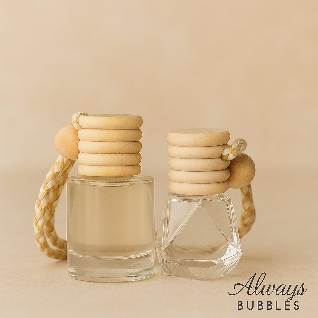 Always Bubbles luxury glass diffuser car fresheners with wooden caps and gold-accented ropes on a soft beige background, minimalist and elegant
