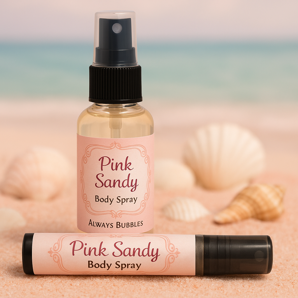 Pink Sandy Body Spray by Always Bubbles on soft pink beach sand with shells
