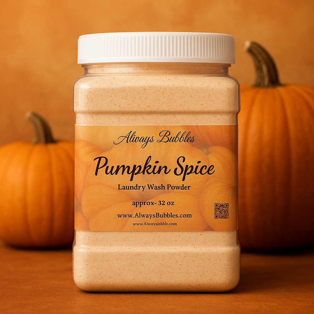 Always Bubbles Pumpkin Spice 32 oz Laundry Wash Powder in a clear plastic jar, displayed with pumpkins in a warm fall-themed background.