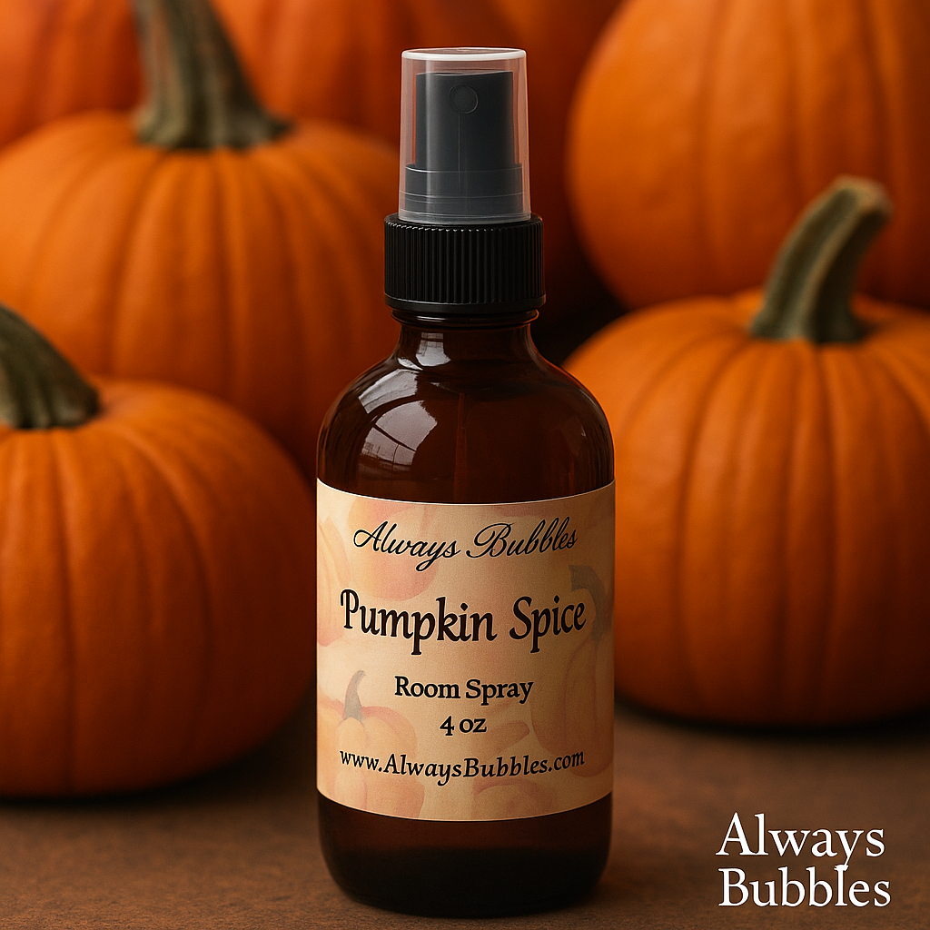 Always Bubbles Pumpkin Spice Room Spray – cozy fall home fragrance with pumpkin, cinnamon, and vanilla notes in an amber glass bottle surrounded by pumpkins