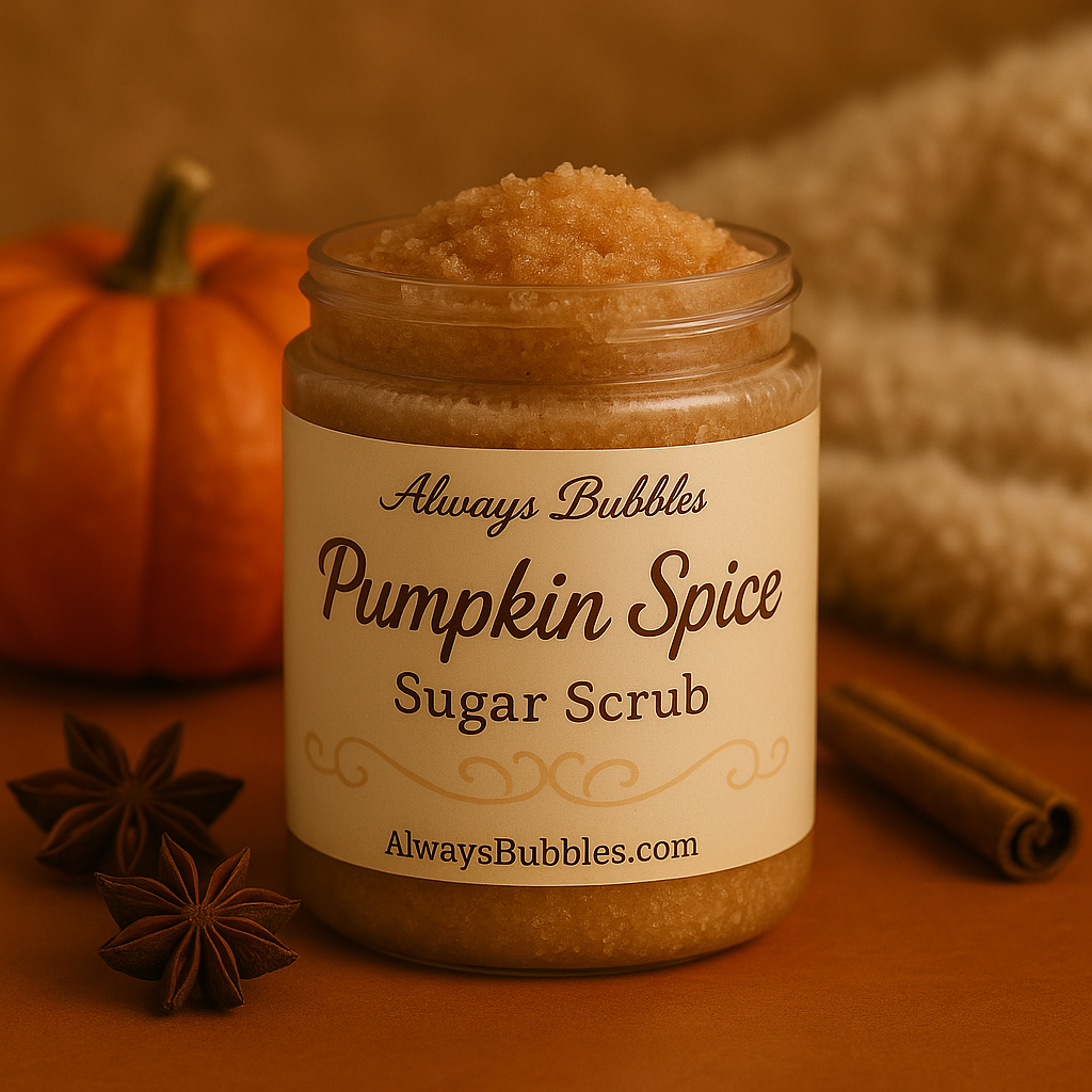 Always Bubbles Pumpkin Spice Sugar Scrub in a jar with warm autumn tones