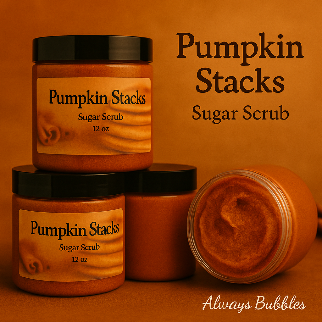 Pumpkin Stacks Sugar Scrub by Always Bubbles in simple burnt-orange background with jar trio and clean label