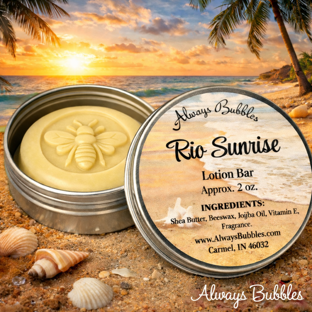 Always Bubbles Rio Sunrise lotion bar in silver tin with sunrise beach background, handmade solid lotion bar with shea butter and jojoba oil