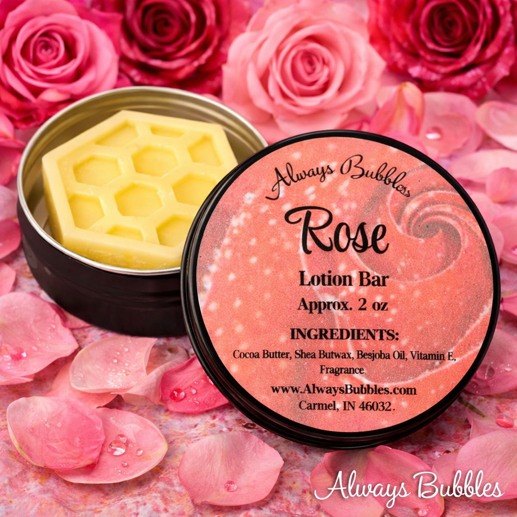 Always Bubbles Rose lotion bar in black tin with pink rose petal background, handmade solid lotion bar with cocoa butter and shea butter