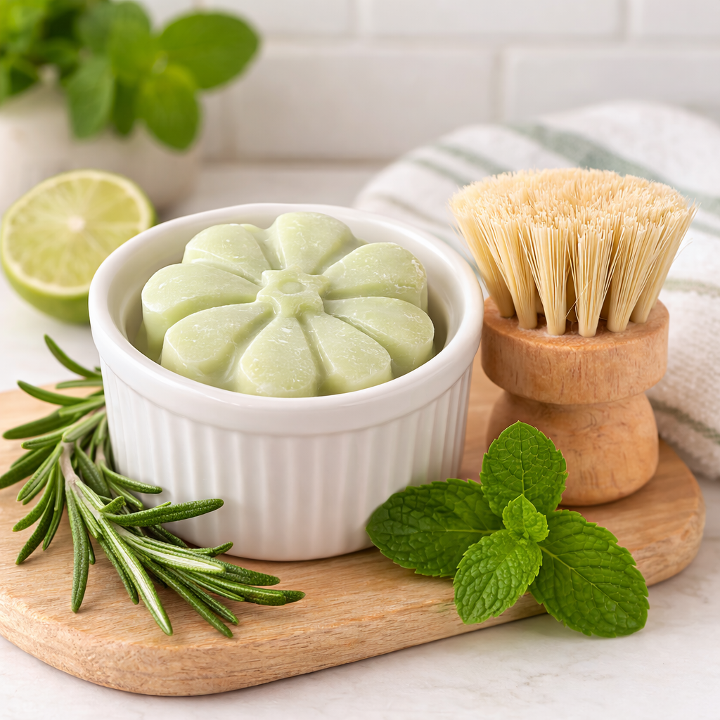 Always Bubbles Rosemary & Mint solid dish soap in ceramic ramekin with wooden brush for eco-friendly plastic-free kitchen cleaning