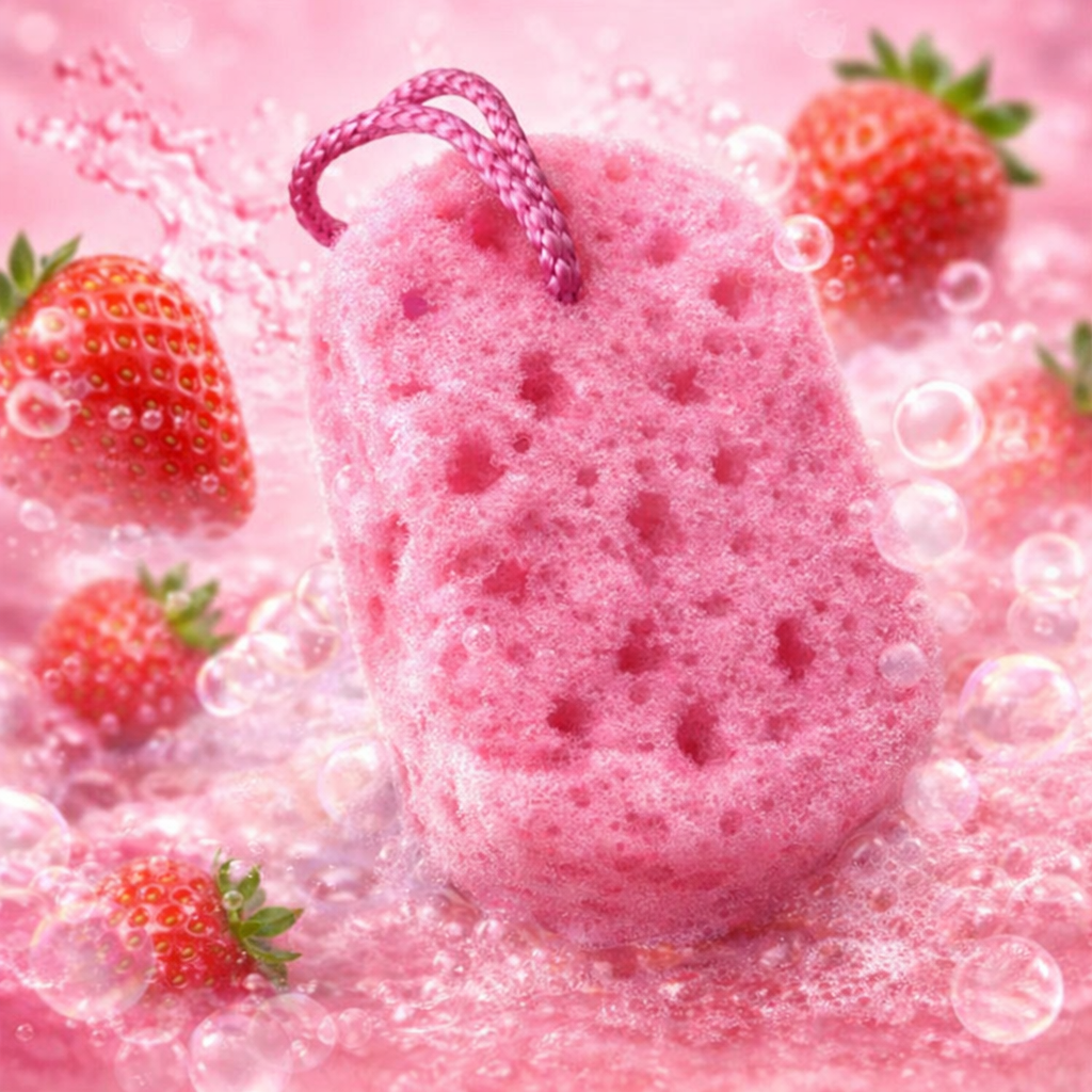 Sweet Strawberry scented soap infused bath sponge by Always Bubbles for exfoliating skin and creating a fruity bubbly shower