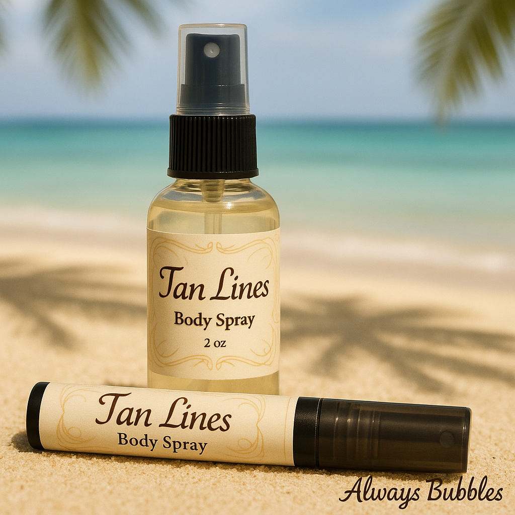 Tan Lines Body Spray by Always Bubbles on sunny beach background