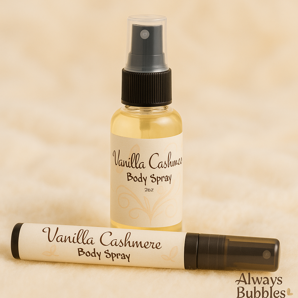 Vanilla Cashmere Body Spray by Always Bubbles on soft cream cashmere background