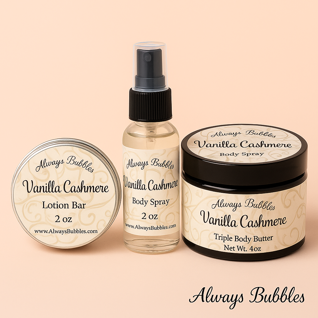Always Bubbles Vanilla Cashmere gift set with lotion bar, body spray, and triple body butter on soft peach background