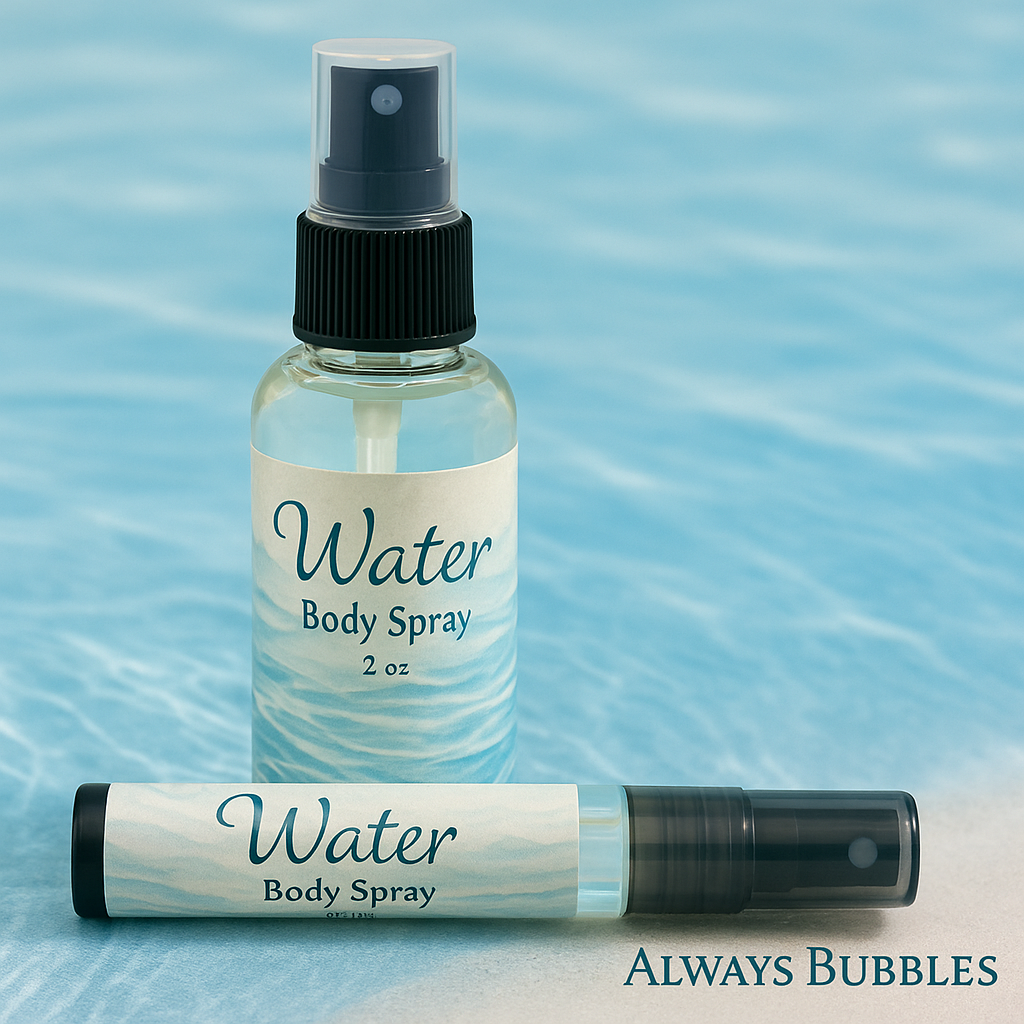 Water Body Spray by Always Bubbles with spa blue water background and two bottle sizes