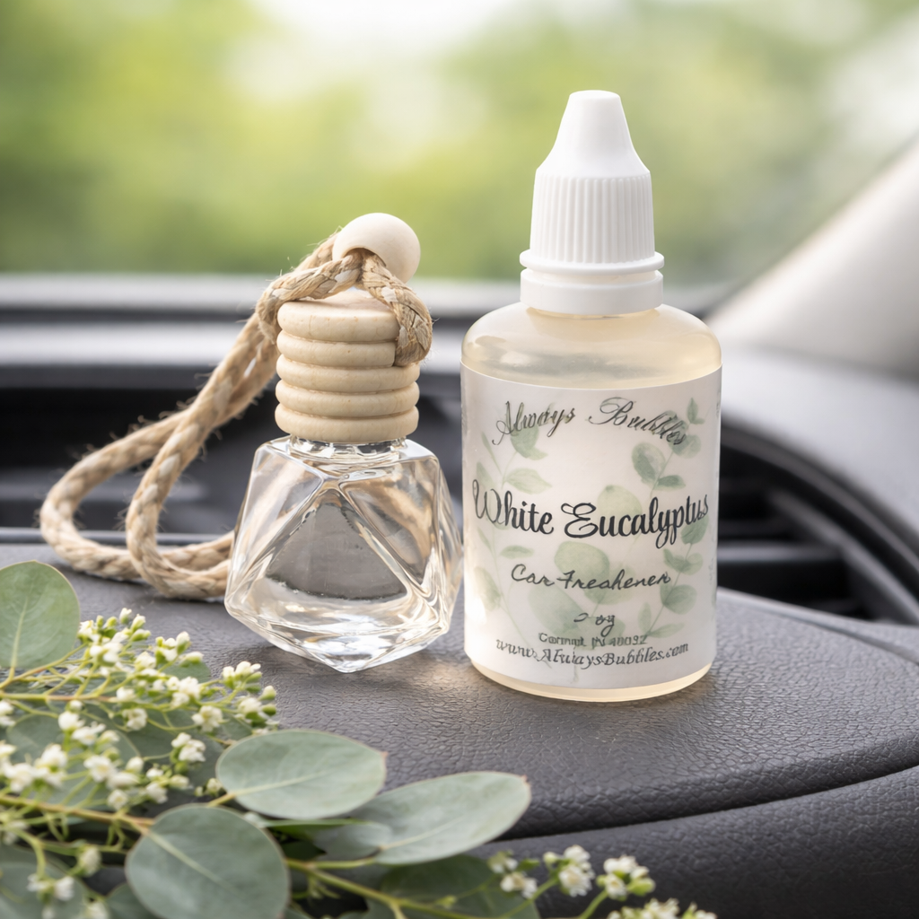 Always Bubbles White Eucalyptus hanging car freshener diffuser with refill fragrance oil designed to keep vehicles smelling fresh and clean.