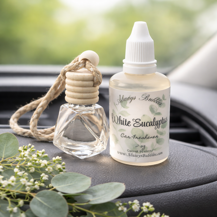 Always Bubbles White Eucalyptus hanging car freshener diffuser with refill fragrance oil designed to keep vehicles smelling fresh and clean.