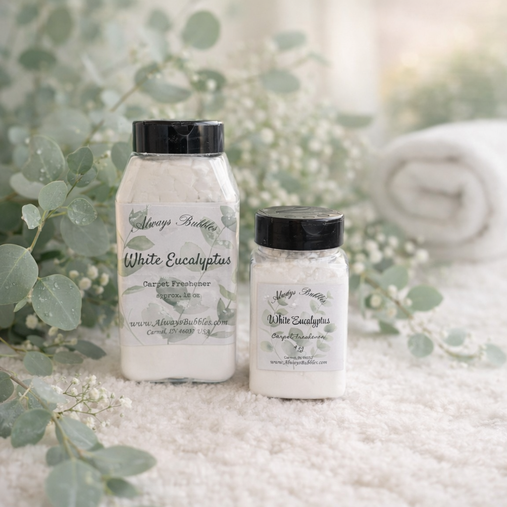 Always Bubbles White Eucalyptus Carpet Freshener deodorizing powder for carpets and rugs with fresh eucalyptus scent shown in shaker bottles on plush carpet.