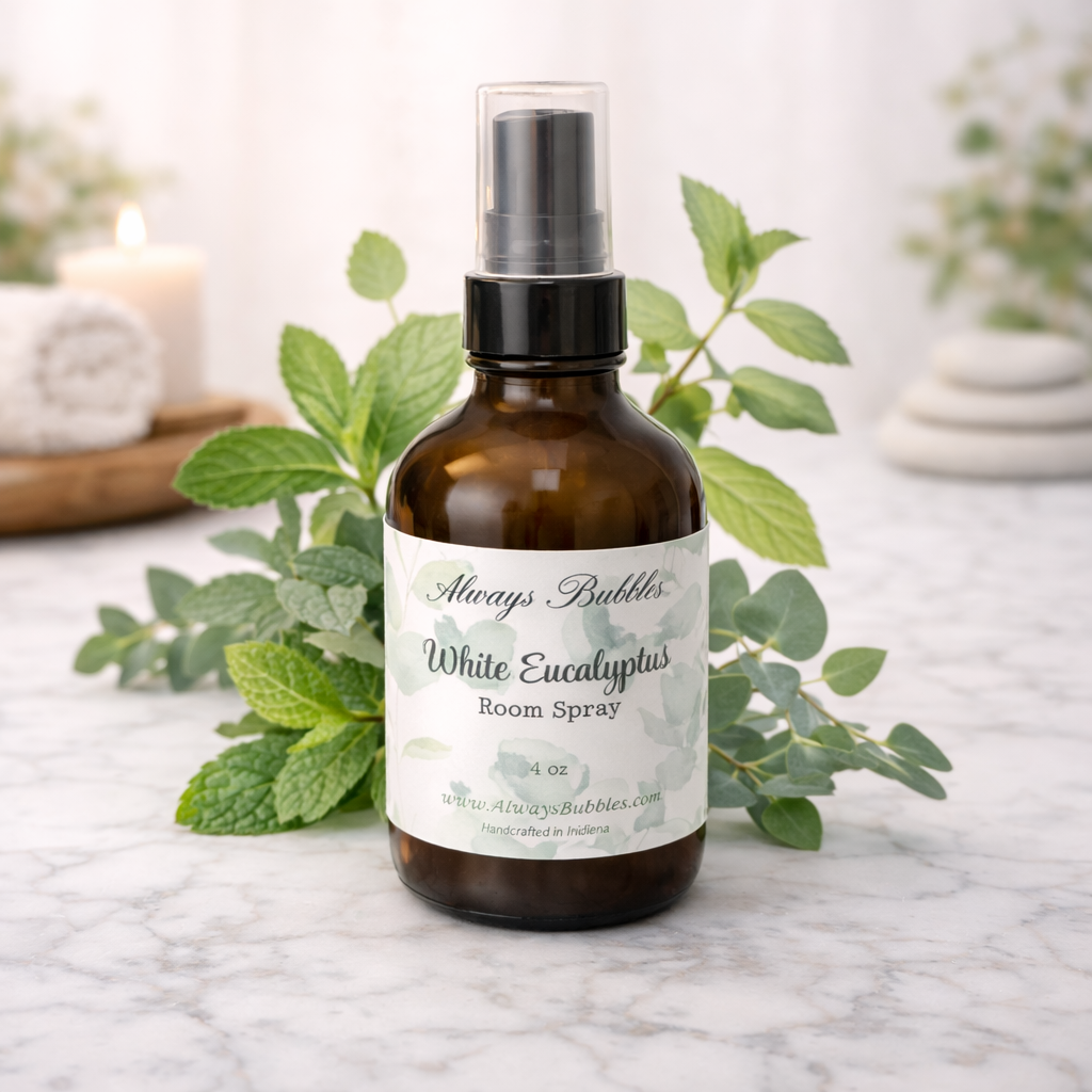 Always Bubbles White Eucalyptus Room Spray fresh eucalyptus mint home fragrance spa inspired air freshener 4 oz amber bottle