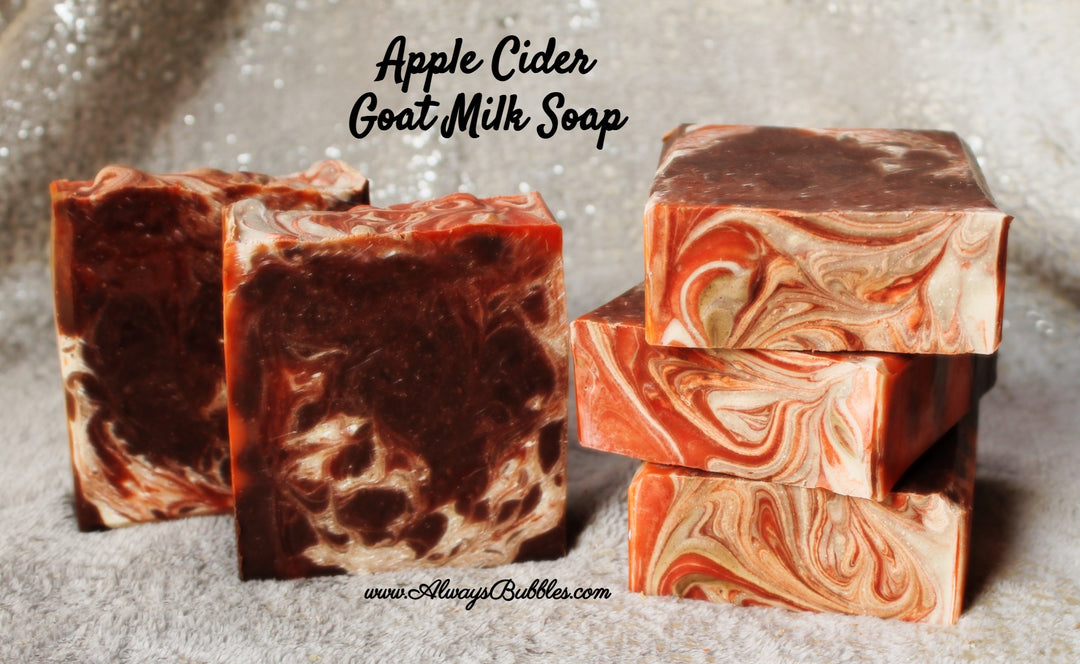 Apple Cider Goat Milk Soap by Always Bubbles — handmade bar soap with creamy goat milk, Shea butter, and natural oils. Swirled brown, red, and cream design with cozy autumn apple cider fragrance. Fall collection natural skincare